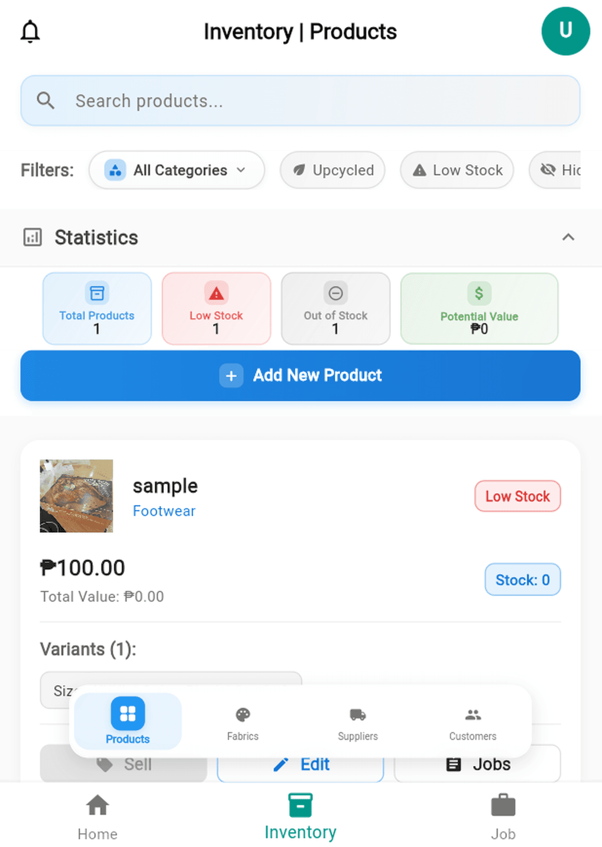 FashionTech Inventory screen listing a product with its price, stock level, low-stock tag and variants.