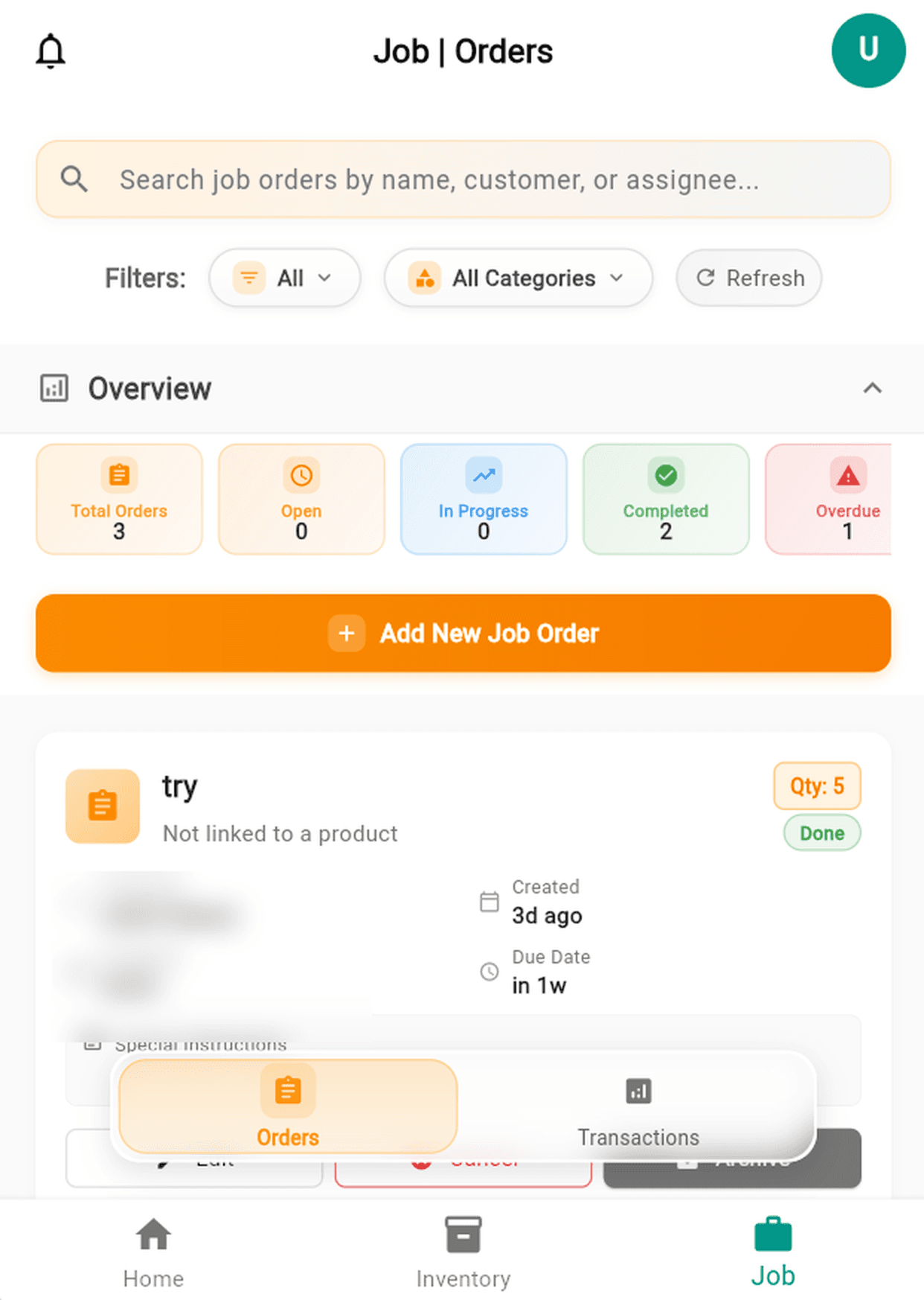 FashionTech Job Orders screen with status counts for open, in progress, completed and overdue orders, and a job order card.