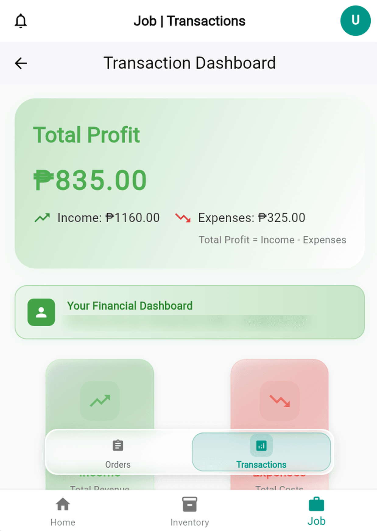 FashionTech Transaction Dashboard showing total profit of 835 pesos, income of 1,160 pesos and expenses of 325 pesos.