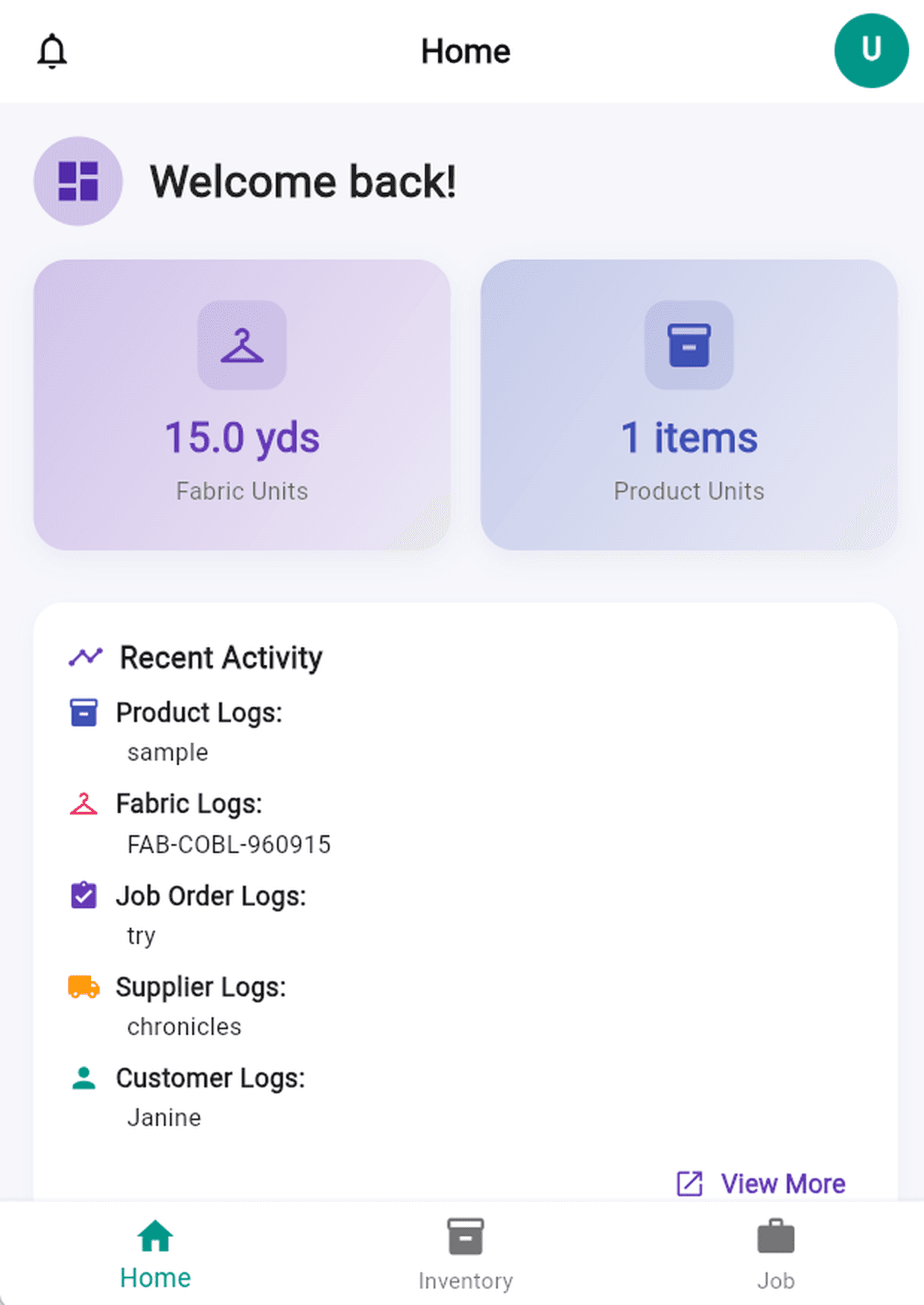 FashionTech home screen showing fabric and product totals and a recent-activity feed.